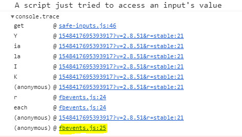 Chrome's console showing how a file called fb_events.js accesses a form input