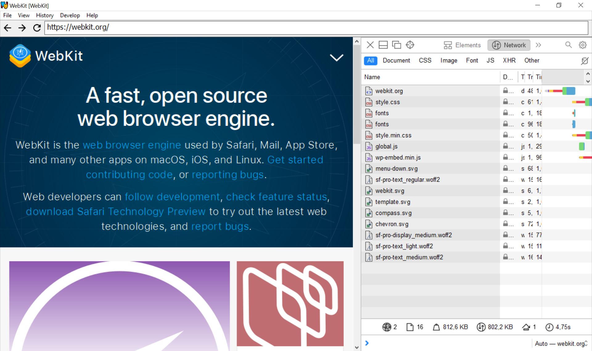 A pretty spartan WebKit window, running on Windows, showing the WebKit project page