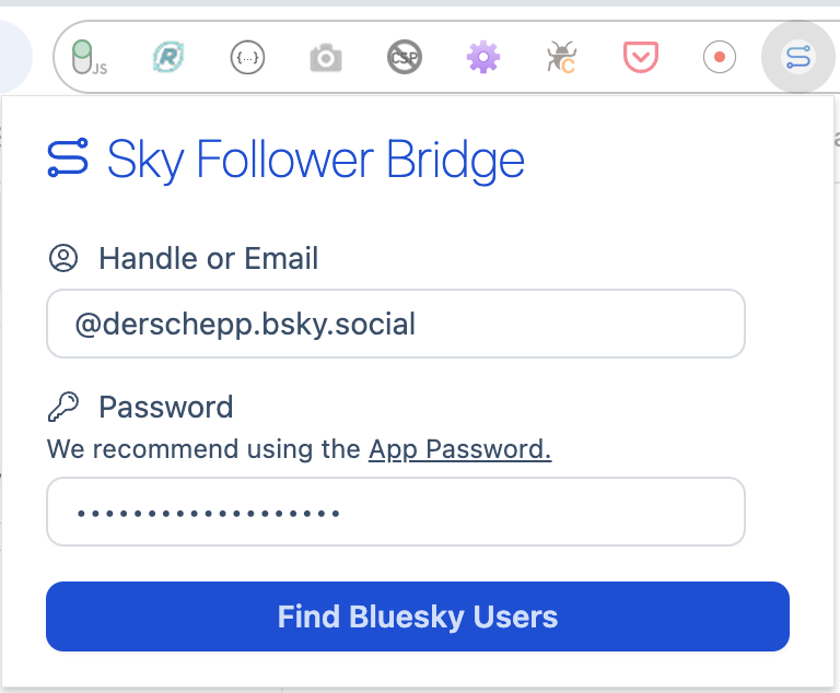 The image shows a login interface for "Sky Follower Bridge." It has fields for entering a handle or email and a password, with the handle pre-filled as "@derschepp.bsky.social." Below the password field, there’s a recommendation to use an "App Password." At the bottom, there’s a large blue button labeled "Find Bluesky Users" for initiating the search.