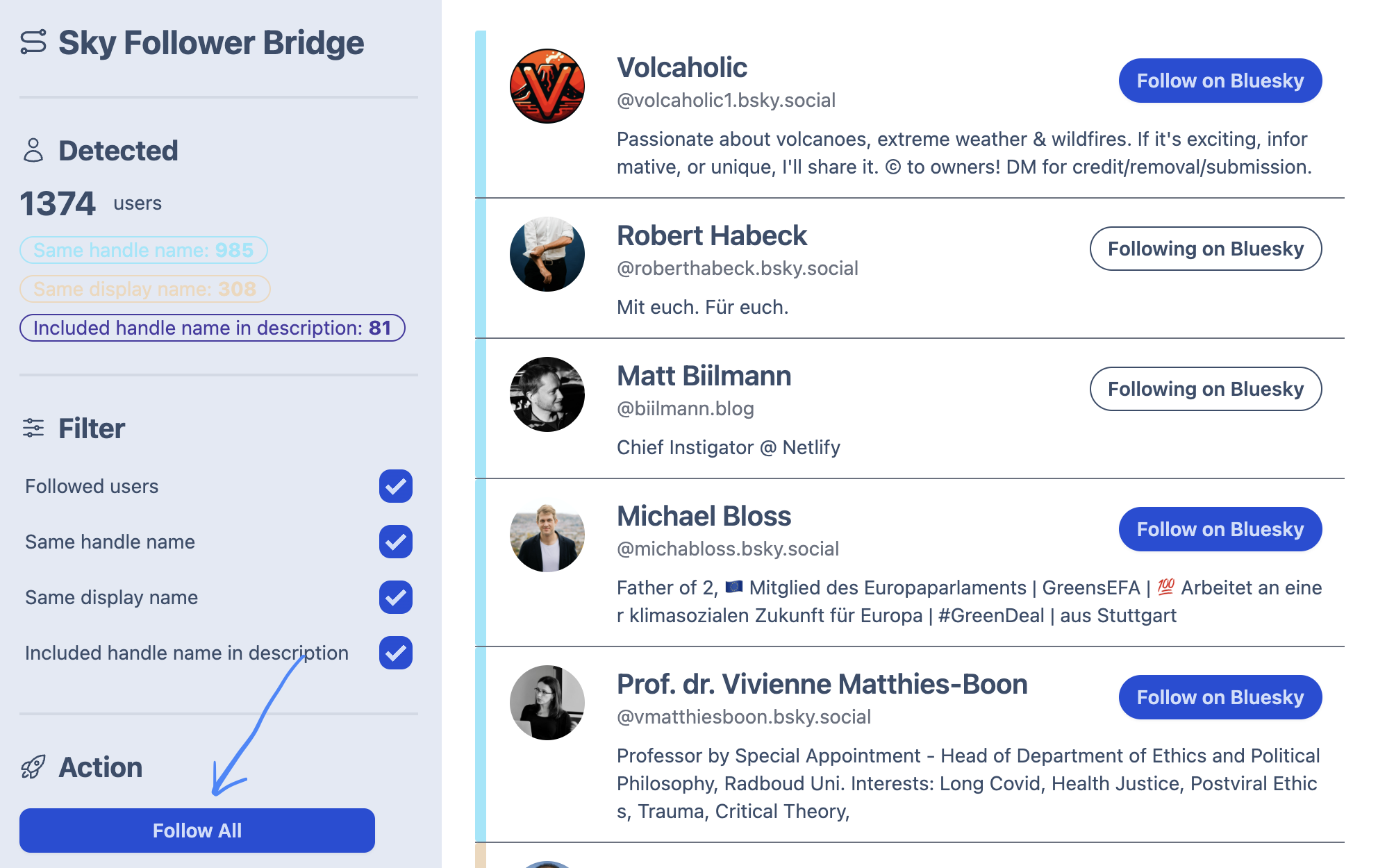 The image displays a user interface for the "Sky Follower Bridge," showing a list of 1374 detected users on Bluesky. The left side includes filters for refining the list, such as "Followed users," "Same handle name," "Same display name," and "Included handle name in description," all of which are toggled on. Below these filters, there's an "Action" section with a prominent "Follow All" button. On the right, individual users are displayed with their profile information, handle, and a "Follow on Bluesky" button next to each entry, indicating the option to follow them directly.