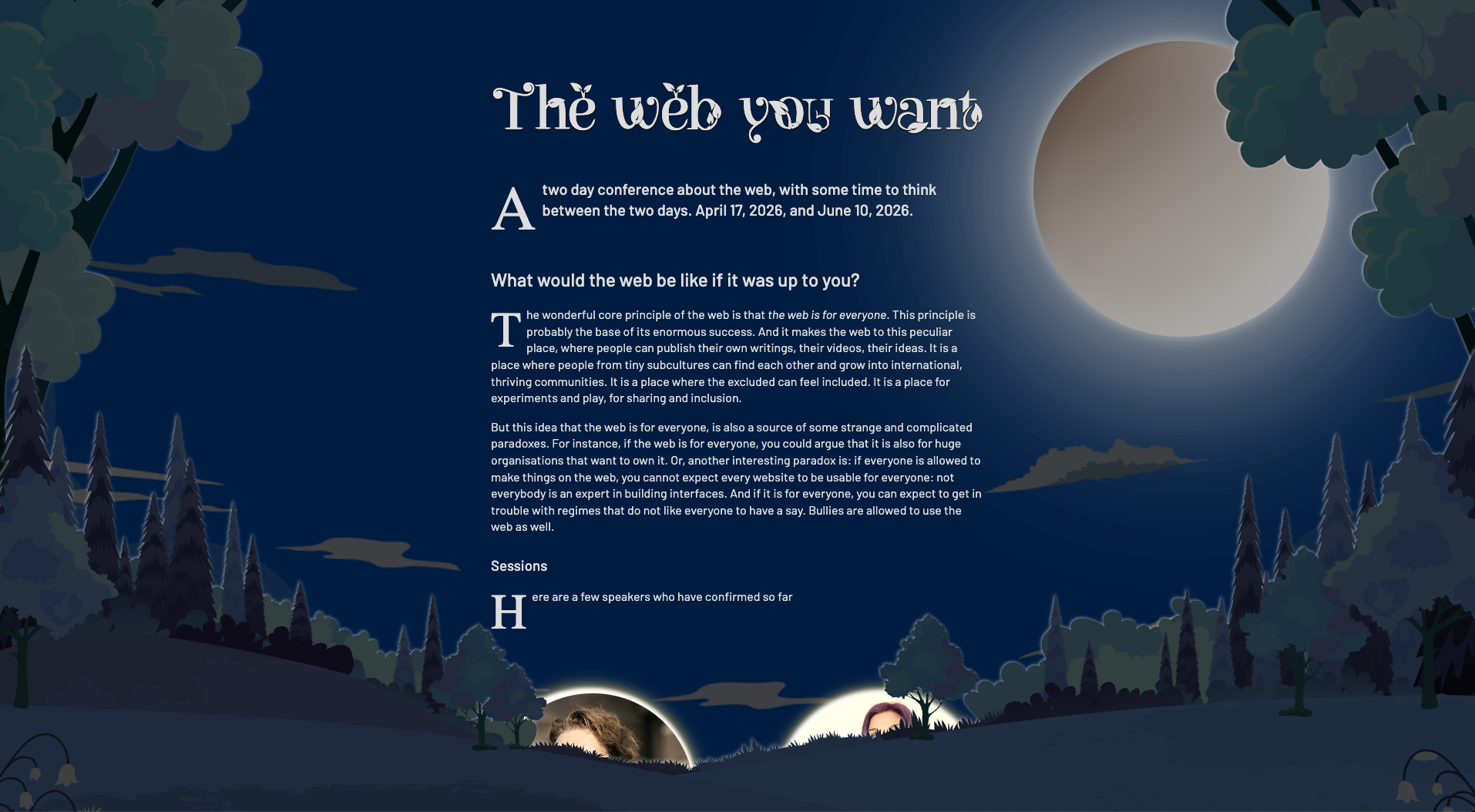 A nighttime illustration with rolling hills, silhouetted trees, and a large glowing moon in a deep blue sky. Decorative drop caps begin the paragraphs.