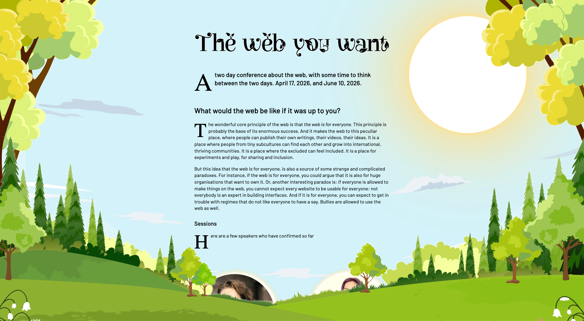 A bright, stylized landscape with rolling green hills, trees, and a large sun in the sky. Decorative drop caps begin the paragraphs.